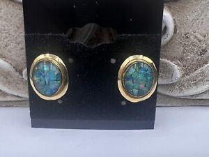 Vintage Estate Real Solid 14k Gold Mosaic Pierced Fire Opals Earrings  .54”