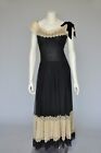 Vintage 1930s 1940s Black Sheer Party Maxi Dress w/ Eyelet Lace Trim Bow XS/S