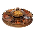 7 Pc Vintage Lazy Susan Fall Themed Red Yellow Leaves Pottery Serving Set USA
