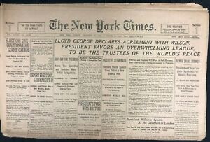 1918 DEC 29 NEW YORK TIMES NEWSPAPER WW1 *WILSON'S LEAGUE FOR PEACE* PGS 1-18
