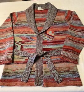 Vintage 60s 70s Cardigan Sweater Teal Orange Womens Size M  Aztec Boho
