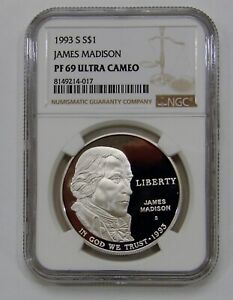 1993 S James Madison Proof Commemorative Silver Dollar - NGC PF 69 UC