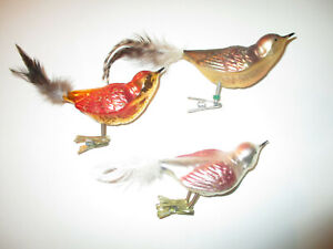 Three 3 Birds Germany Vintage Christmas Clip on Ornaments Glass Feather Tails