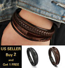 Men Jewelry Black Braided Leather Bracelet Multi-Layer Stainless Steel Clasp A