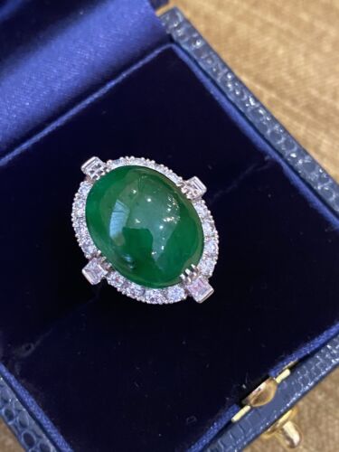 GIA Untreated Jade Oval Cabochon and Diamond Vintage Platinum Ring - HM2258AE