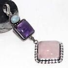925 Silver Plated-Rose Quartz Natural Amethyst Long Pendant Jewelry 3.7