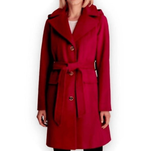 Michael Michael Kors Dark Red Wool Blend Hooded Belted Trench Coat Coat Large
