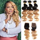 Blonde Body Wave Bundles with Closure Human Hair 13x4 Lace Frontal 1B/27 Hair