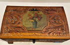 *Vintage*Large Hand Carved Box w/ Painted Inlay & Mirror Inside