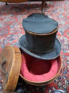 Antique Collapsible Gibus Opera Top Hat from London 1900 Leather in Hatbox As Is
