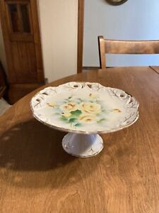 Vintage Ceramic Pedestal Serving Plate Pie Cake Stand White Yellow Floral