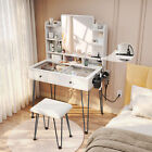 TC-HOMENY Makeup Vanity Dressing Table Desk Set with Mirror + Stool + Power Port