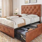 Yaheetech Full Upholstered Bed Frame with 4 Storage Drawers and Adjustable Headb