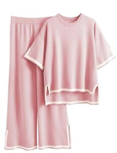 Sweater Sets Women 2 Piece Lounge Sets Short Sleeve Knit Pullover Medium Pink