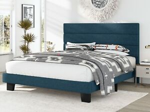 Sifurni King Size Fabric Upholstered Platform Bed Frame with Headboard, Blue
