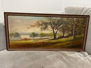 Antique Oil on Board Landscape Painting w/ Trees & Body of Water