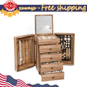 Jewelry Box Wood 5-Layer Large Organizer Box w/  Mirror & 4 Drawer Women Vintage