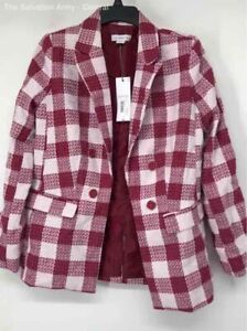 Liz Claiborne Womens White Pink Check Collared Long Sleeve Pea Coat Size 4