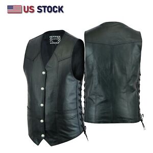 Men Motorcycle Leather Biker Vest Side Lace Gun Pockets club Patch Sew 11614SPT