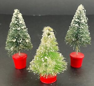 Green Bottle Brush Christmas Trees White Flocking Red Wood Base Set of 3 Vintage