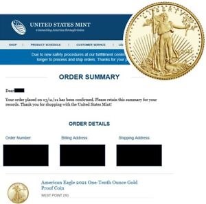 American Eagle 2021 One-Tenth Ounce Gold Proof Coin **New Design**