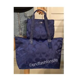 Coach Large Dark Cobalt Blue Getaway Travel Weekender Tote + Cosmetic Bag Set