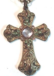 Vntg Classic Gold Green Peridot Pink Rose Quartz Copper Cross Crucifix Necklace