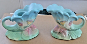 Pair of Hull Art Pottery Cornucopia Blue Floral Candle Holders