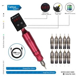 Wireless Battery Tattoo Machine Kit Power Supply Rotary Tattoo Gun 10Pcs Needle