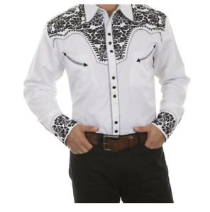 Scully Mens Western Shirt SMALL White Black Floral Embroidery Pearl Snap P-634