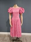 Vintage 70s 80s Pink Lace Puffy Sleeve Fit Flare Tea Length Prom Gown S