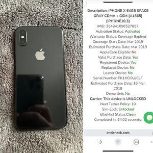 Apple iPhone X 64 GB Space Gray Black Unlocked (Used)