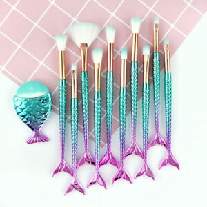 11pcs mermaid fish tail makeup brush set foundation eyeshadow eyeliner lip brush