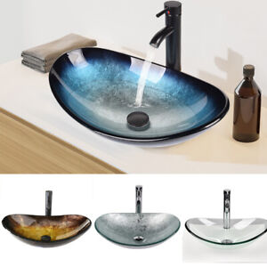 Bathroom Vessel Sink Basin Tempered Glass Countertop Bowl Faucet Pop Up Drain