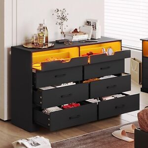 Double Dresser with LED Lights for Bedroom 6 Drawers Black Chest of Drawers
