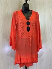 Women's V-Neck Crochet Bell Sleeve Swim Cover Up Dress, One Size, Orange NEW