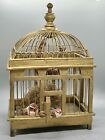 Vintage Wire & Wood Bird Cage Decorated Foam Birds Dried Flowers - Painted Gold