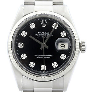 Rolex Mens Datejust Black Diamond Dial 18K White Gold & Stainless Steel Watch