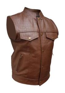 Mens Crocodile Print Real Cow Leather Brown Waistcoat Bikers Vest Fashion Jacket