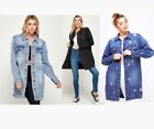 Women's 3/4 Distressed Washed Denim Cotton Button Up Long Jean Jacket