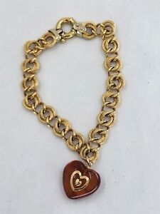 Vintage 18K Yellow Gold Textured Triple Rolo Link Amber Heart Bracelet 7