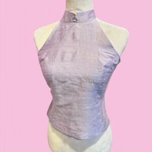 1990s Y2K Lilac Silk Designer BEBE Halter Tie Back Top