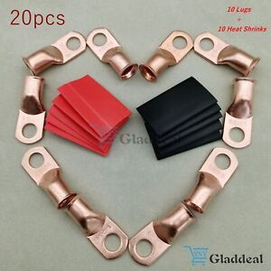 20PCS 1/0 AWG Gauge Copper Lugs W/ BLACK & RED Heat Shrink Ring Terminals Wire