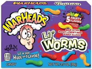 12x Warheads Lil Worms 5 Fruity Flavors Chewy Candy Theater Box 99g Sour & Sweet