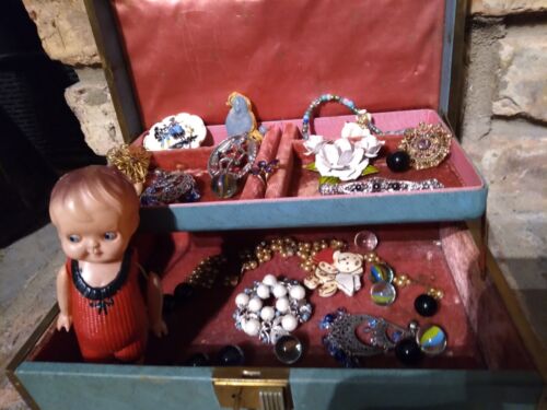 Vintage Jewelry Lot with Jewelry Box, Key and Plastic Doll Valentine's Day Gift