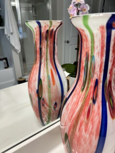 Large Hand Blown Cased Art Glass Multi Color Swirl 13” Vase High Gloss
