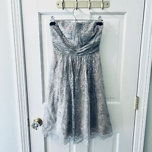 BCBG Silver Metallic Lace Cocktail Strapless Dress Women's Size 0 Silk Elegant