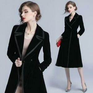 Women Retro Slim Fit Business Black Velvet Trench Coat Parka Party Overcoat size