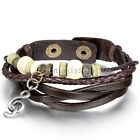 Unisex Wooden Bead Music Symbol Braided Leather Cord Strand Bracelet Wristband