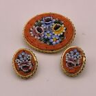Vintage Micro  Mosaic Orange Brooch & Clip Earrings Of Floral Bouquet.